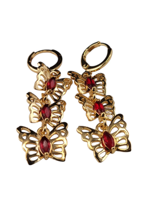 old Plated 18k Butterfly Earrings with Red Zirconias - 2" Long Delicate Design for Elegant Outings & Formal Events