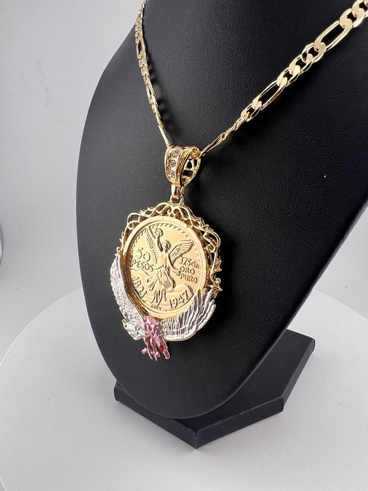 centenario of the Angel of Mexican Independen with eagle in three tones   26' chain GOLD PLATED 18K