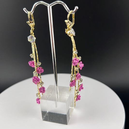 Beautiful Long Earrings with Roses Gold Plated Clip On Design for Feminine Elegance